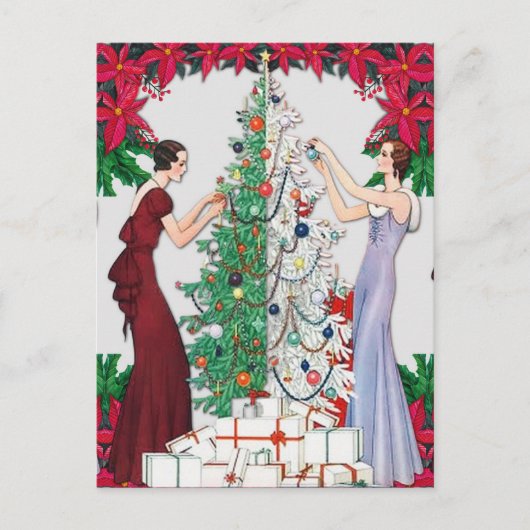 ヴィンテージ1920年代フラッパー女性飾のクリスマスツリー シーズンポストカード (正面)