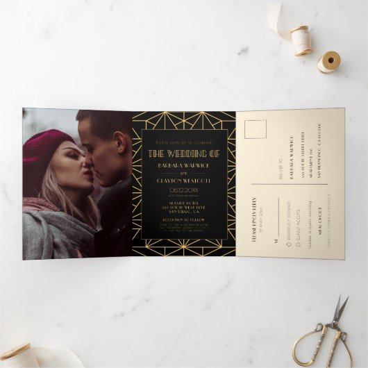 ヴィンテージ1920 art deco geometricオールインワン結婚ズ 三つ折り招待状 (内部)