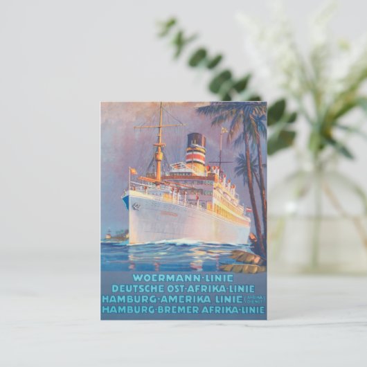 ヴィンテージ1920 Woermann-Linieドイツ旅行ポスター ポストカード (スタンド正面)