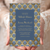 ヴィンテージ1920sデコパターンダスティブルー金ゴールド結婚ズ 招待状