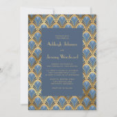 ヴィンテージ1920sデコパターンダスティブルー金ゴールド結婚ズ 招待状 (正面)
