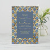 ヴィンテージ1920sデコパターンダスティブルー金ゴールド結婚ズ 招待状 (スタンド正面)