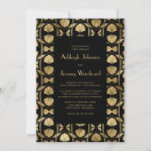 ヴィンテージ1920sデコファンパターンブラック金ゴールド結婚ズ 招待状 (正面)