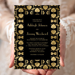 ヴィンテージ1920sデコファンパターンブラック金ゴールド結婚ズ 招待状