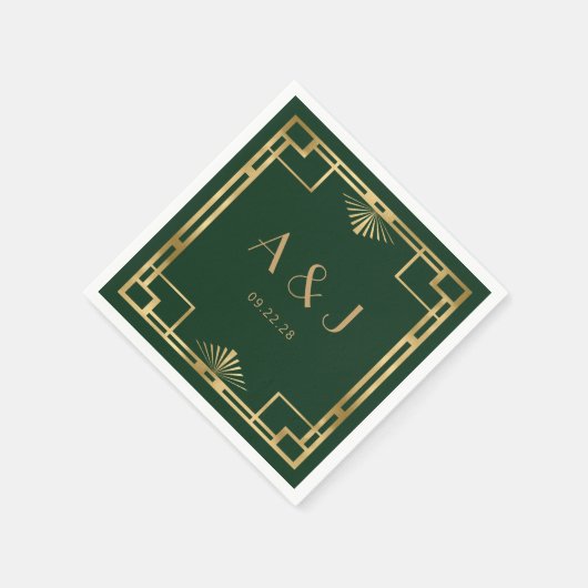 ヴィンテージ1920sデコフレーム金ゴールドダークグリーン結婚ズ スタンダードカクテルナプキン (角)
