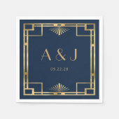 ヴィンテージ1920sデコフレーム金ゴールドネイビーブルー結婚ズ スタンダードカクテルナプキン (正面)
