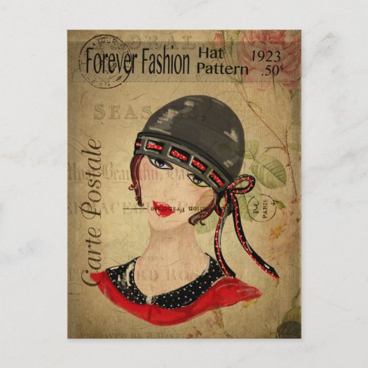ヴィンテージ1920sファッション女性のHatフローラ フランスの ポストカード (正面)