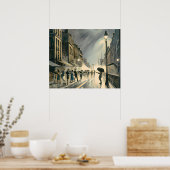 ヴィンテージ1920sヘビーストームレインパリス油彩画 ポスター (キッチン)