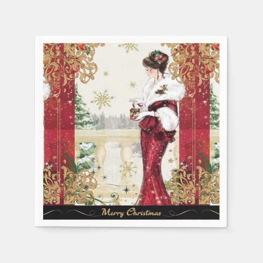 ヴィンテージ1920s赤い冬のドレスの女性 スタンダードカクテルナプキン (正面)