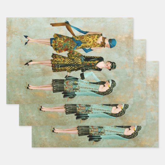 ヴィンテージ1930のファッションイラストレーション ラッピングペーパーシート (セット)