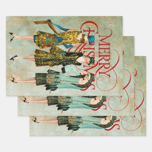 ヴィンテージ1930の女性のクリスマスグリーティング ラッピングペーパーシート (セット)