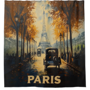 ヴィンテージ1930年代パリ旅行ポスターエッフェルタワー シャワーカーテン