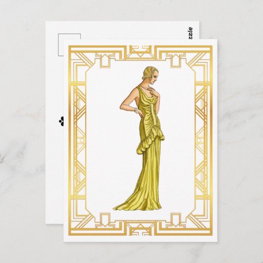 ヴィンテージ1930年代ファッション金ゴールドハリウッドガウンアート ポストカード (正面/裏面)