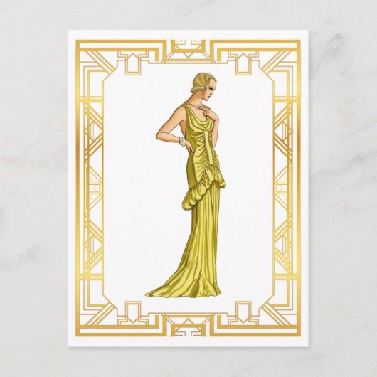 ヴィンテージ1930年代ファッション金ゴールドハリウッドガウンアート ポストカード (正面)