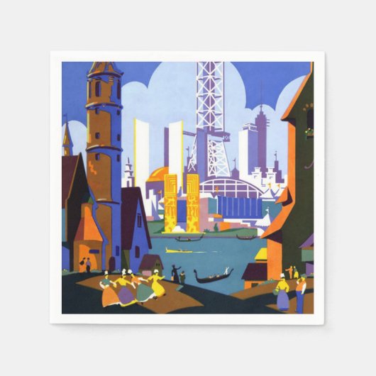ヴィンテージ1934 Chicago World Fair Travelポスター スタンダードカクテルナプキン (正面)