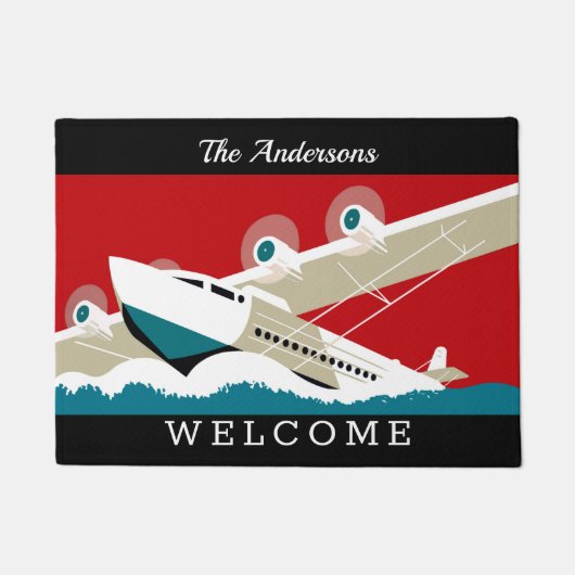 ヴィンテージ1936旅行ポスタープロップ飛行機アート、黒 ドアマット (正面)