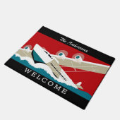 ヴィンテージ1936旅行ポスタープロップ飛行機アート、黒 ドアマット (アングル)