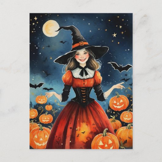 ヴィンテージ1940年代ハロウィーンかわいい魔女 ポストカード (正面)