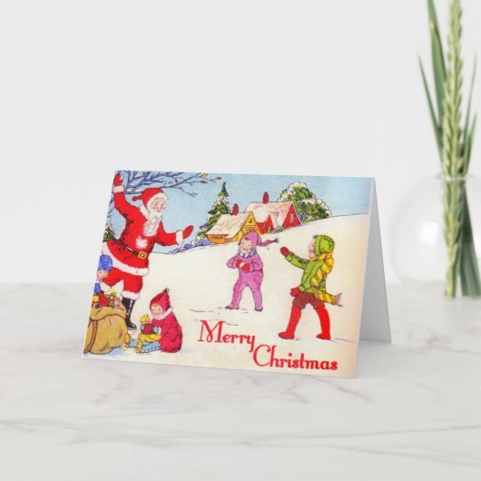 ヴィンテージ1940年代 子供たちと遊ぶサンタ シーズンカード (正面)