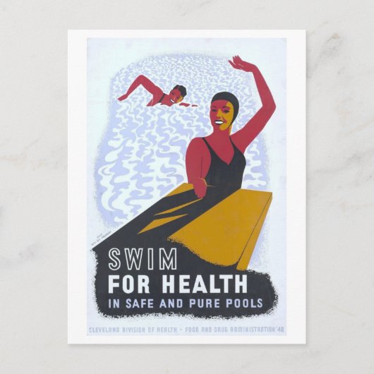 ヴィンテージ1940 WPAポスター:水泳用はがき ポストカード (正面)
