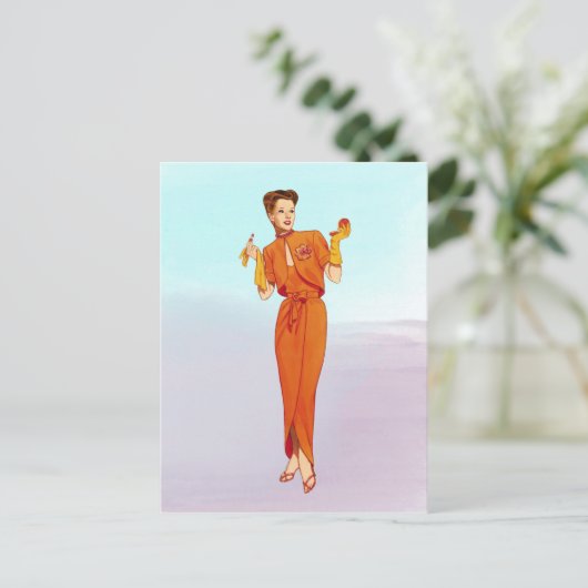 ヴィンテージ1940sレトロオレンジファッションイラストレーション ポストカード (スタンド正面)