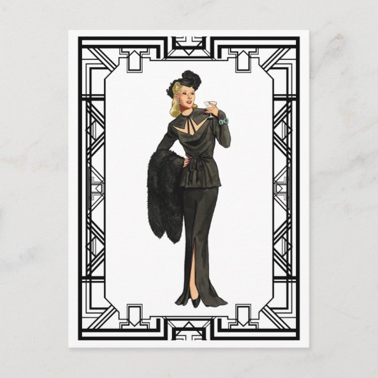ヴィンテージ1940sレトロブラック切り出しドレスポスター ポストカード (正面)