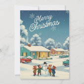 ヴィンテージ1950クリスマスカード – 子供と雪だるま シーズンカード (正面)