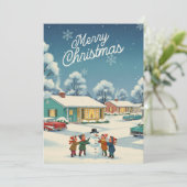 ヴィンテージ1950クリスマスカード – 子供と雪だるま シーズンカード (スタンド正面)