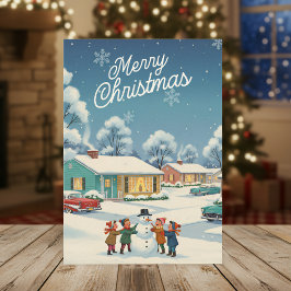 ヴィンテージ1950クリスマスカード – 子供と雪だるま シーズンカード