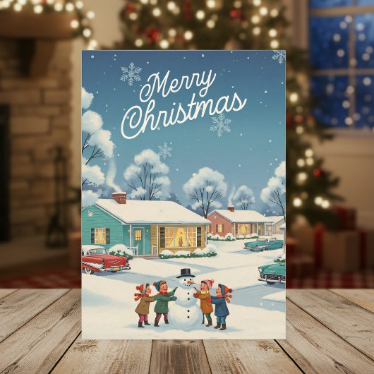 ヴィンテージ1950クリスマスカード – 子供と雪だるま シーズンカード