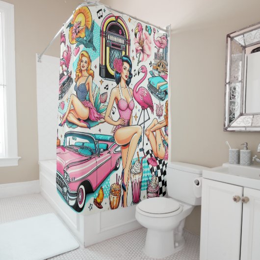 ヴィンテージ1950年代かわいいパターン シャワーカーテン (インサイチュ)