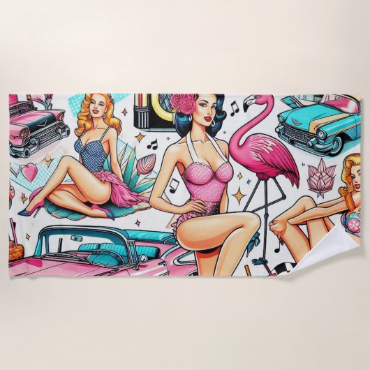 ヴィンテージ1950年代かわいいパターン ビーチタオル (正面)