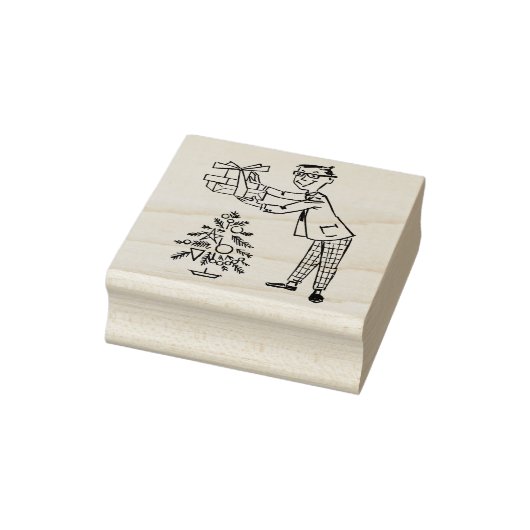 ヴィンテージ1950年代の男性とプレゼントとクリスマスツリー ラバースタンプ (スタンプ)
