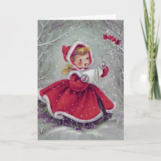 ヴィンテージ1950年代の雪の中の女の子と鳥のクリスマス カード (正面)