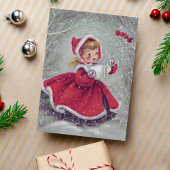 ヴィンテージ1950年代の雪の中の女の子と鳥のクリスマス カード