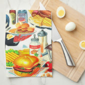 ヴィンテージ1950年代の食品漫画イラストレーション キッチンタオル (四つ折り)