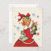 ヴィンテージ1950年代クリスマスガール シーズンポストカード (正面/裏面)
