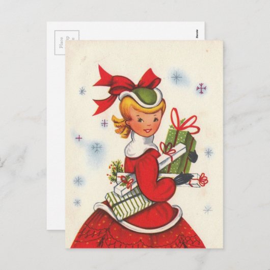ヴィンテージ1950年代クリスマスガール シーズンポストカード (正面/裏面)