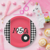 ヴィンテージ1950年代ピンク、白黒市松模様に ペーパープレート (パーティー)