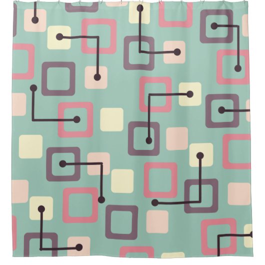 ヴィンテージ1950sタイル&正方形(春) シャワーカーテン (正面)