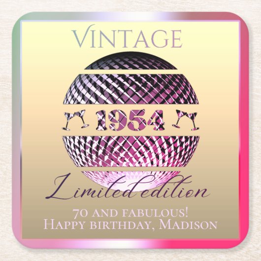 ヴィンテージ1954年70th birthday pink スクエアペーパーコースター (正面)