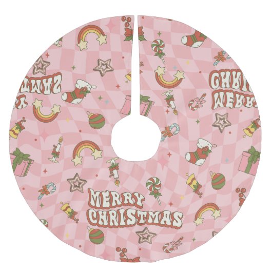 ヴィンテージ1960年代の溝深いメリークリスマス ブラッシュドポリエステルツリースカート (正面)