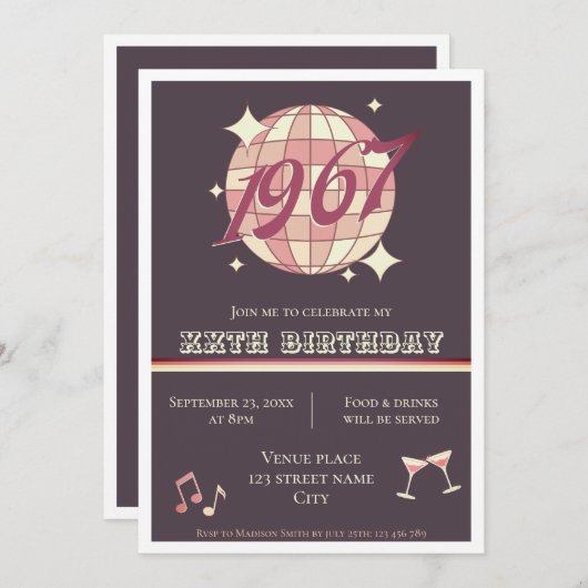 ヴィンテージ1967 57th 58th誕生日レトロ招待状 招待状 (正面/裏面)