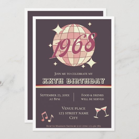 ヴィンテージ1968 62nd誕生日レトロパープル招待状 招待状 (正面/裏面)
