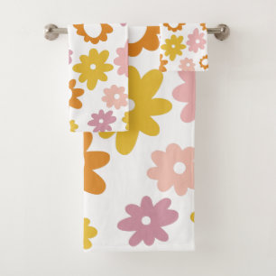 ヴィンテージ1970年代のラベンダーイエローの花柄 バスタオルセット