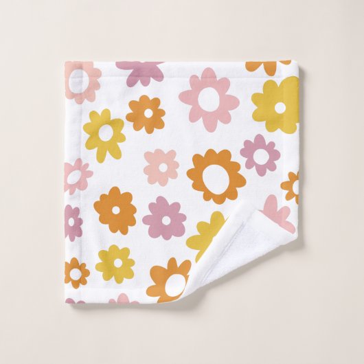 ヴィンテージ1970年代のラベンダーイエローの花柄 バスタオルセット (ウォッシュタオル)