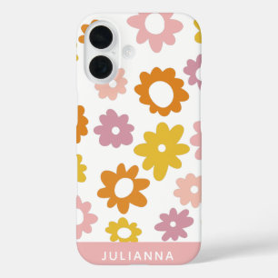 ヴィンテージ1970年代の花柄ピンクパーソナライズされた iPhone 16ケース