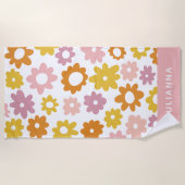 ヴィンテージ1970s花柄ピンクパーソナライズされた  ビーチタオル (正面)