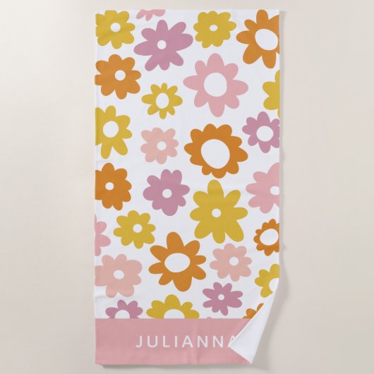 ヴィンテージ1970s花柄ピンクパーソナライズされた  ビーチタオル (正面)