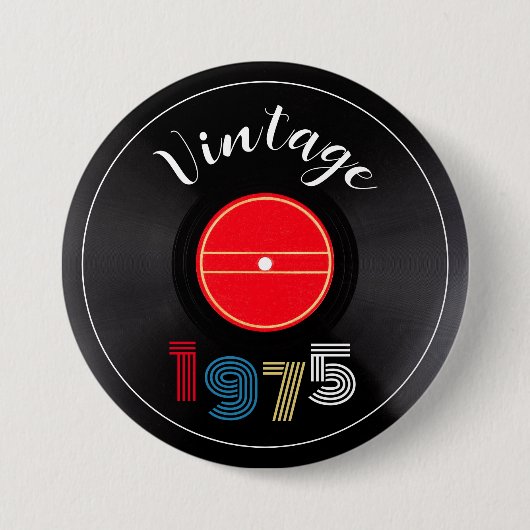 ヴィンテージ1975レトロストライプレコード50誕生日 缶バッジ (正面)